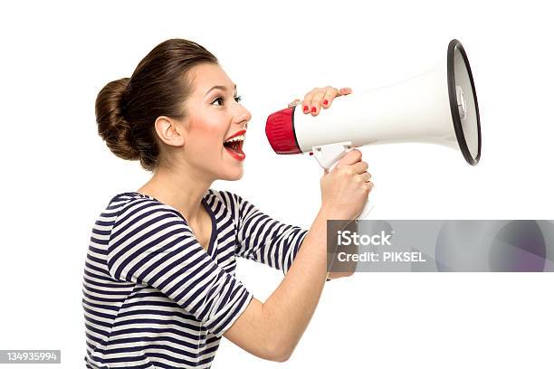 Attractive Woman With Megaphone Stock Photo - Download Image Now - Megaphone, Women, One Woman Only