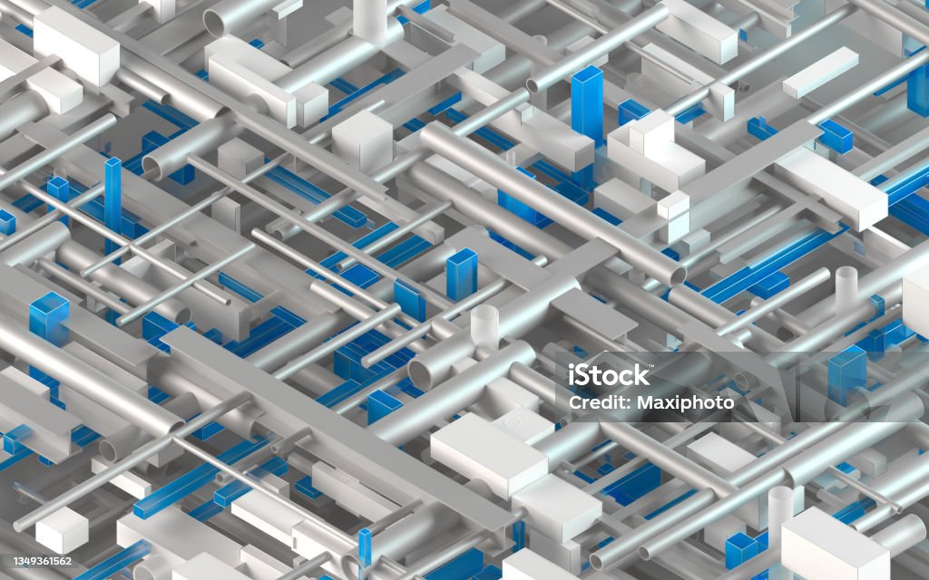 Industrial background with abstract engineering Industrial background with abstract engineering structure made of blue and white shapes connected together by steel i-beams and metallic pipelines. Facility management, construction industry, industrial equipment. Futuristic design. Building Information Modeling Stock Photo