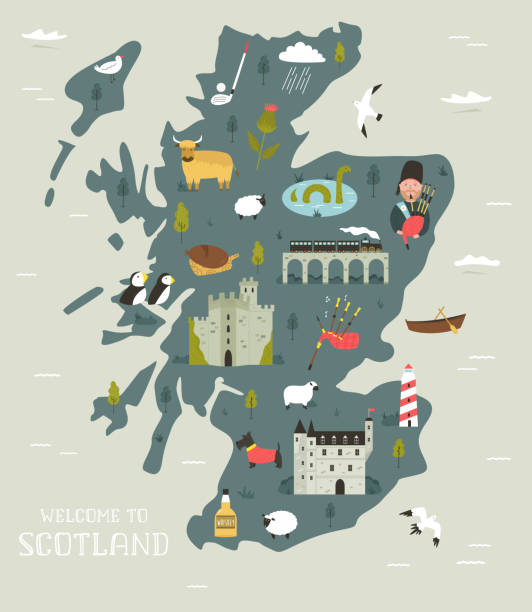 illustrazioni stock, clip art, cartoni animati e icone di tendenza di mappa vettoriale illustrata della scozia con simboli famosi - scottish culture