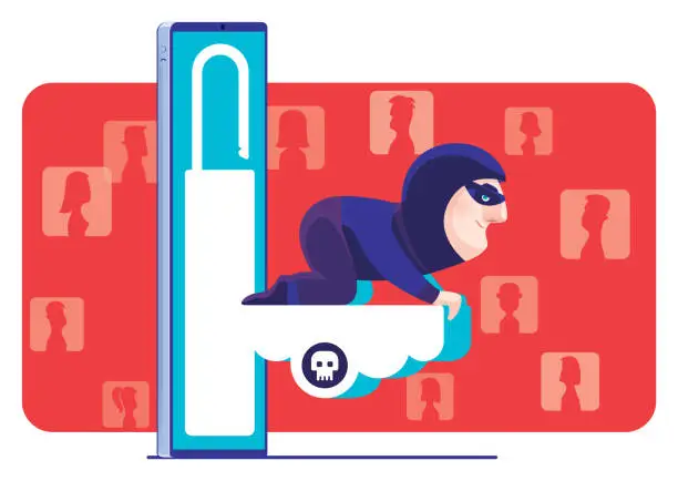 Vector illustration of hacker holding cloud and searching via smartphone