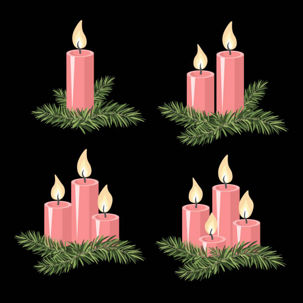 Vector - advent candles template. Watercolor illustration with fir twigs. 2 advent stock illustrations