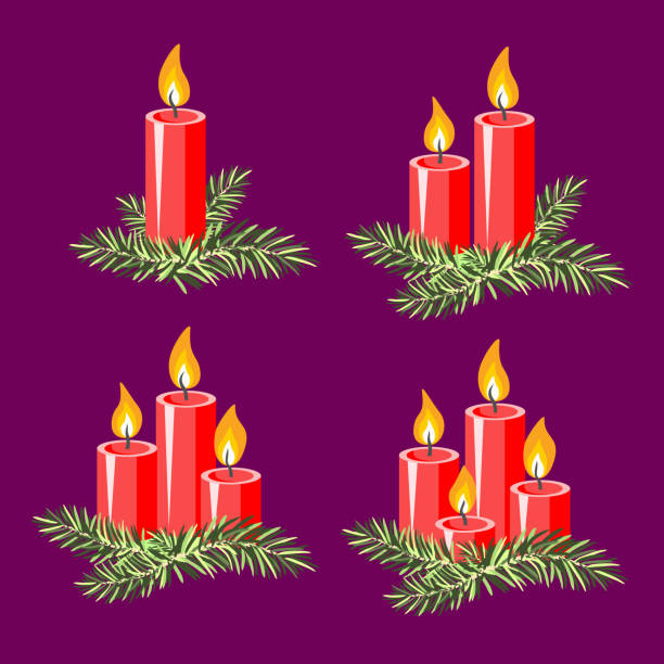 Vector - advent candles template. Watercolor illustration with fir twigs. 2 advent stock illustrations