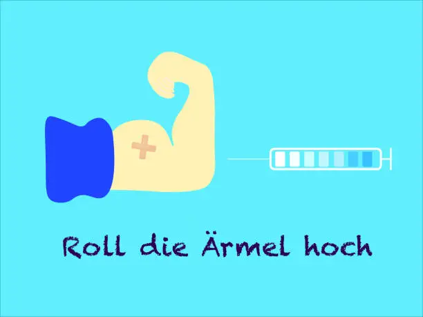 Vector illustration of German slogan, Roll die Ärmel hoch - Roll up your sleeve and get your Covid-19 vaccine. Syringe Vaccination in progress. band-aid cross on biceps.