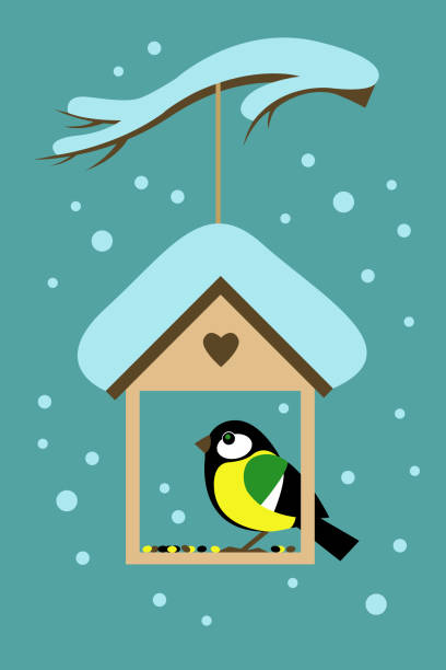 ilustrações, clipart, desenhos animados e ícones de chapim. uma casa para pássaros. um cartão postal de inverno. ilustração vetorial - bird feeder illustrations