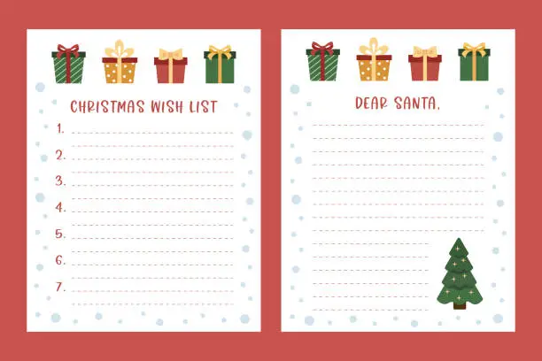 Vector illustration of Letter to Santa and wish list. Printable Christmas holiday kit decorated by gift boxes and Christmas tree. Santa letter. Winter set.