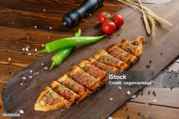 Traditional Turkish Food Lahmacun And Kiymali And Kusbasili Pide Stock Photo - Download Image Now