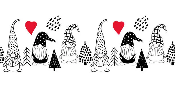 Vector illustration of Seamless horizontal pattern with cute hand drawn gnomes and Christmas trees. A Scandinavian style vector background of doodle elements