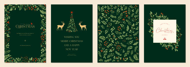 Universal Christmas Templates_15 Merry and Bright Corporate Holiday cards. Modern abstract creative universal artistic templates with Christmas Tree, reindeers, birds, floral frames and backgrounds. christmas card template stock illustrations