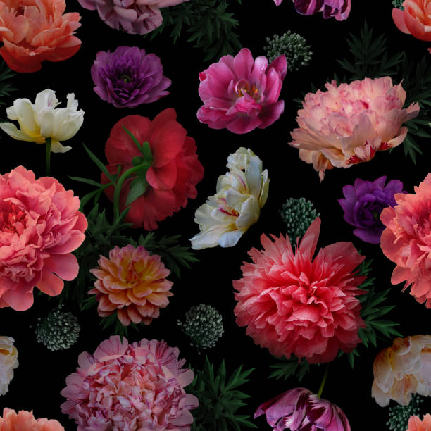 istock Pink flowers peonies on a black background. Floral seamless pattern. 1349367805