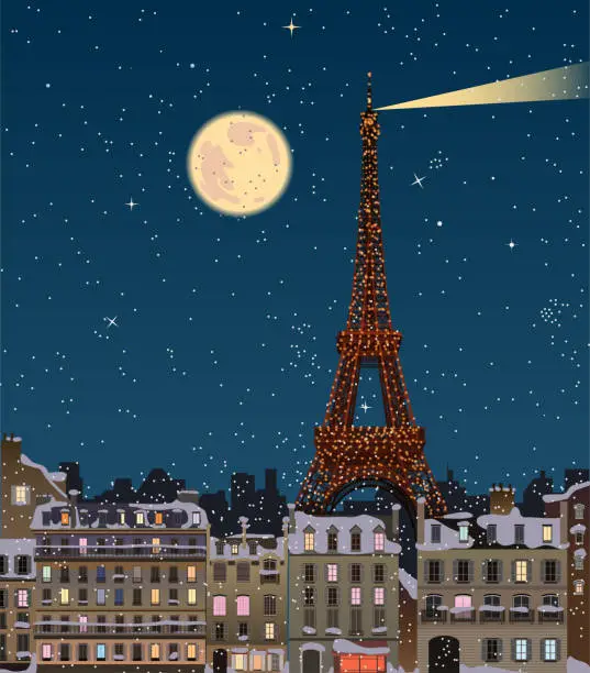 Vector illustration of Christmas in Paris, Eiffel Tower at full moon. Vector.