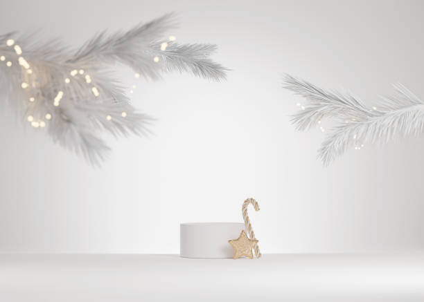 istock 3D podium display, Christmas background for product presentation or text.  Christmas lights with white pedestal showcase with Christmas tree. Studio abstract, winter 3D render. 1349368139