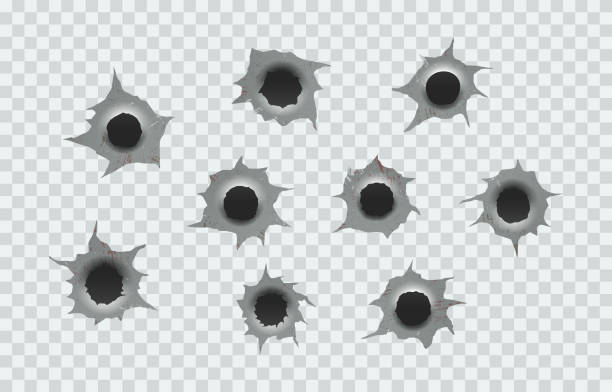 zestaw otworów po kulach. poszarpana w metalu od kul. - bullet hole gun rifle bullet stock illustrations