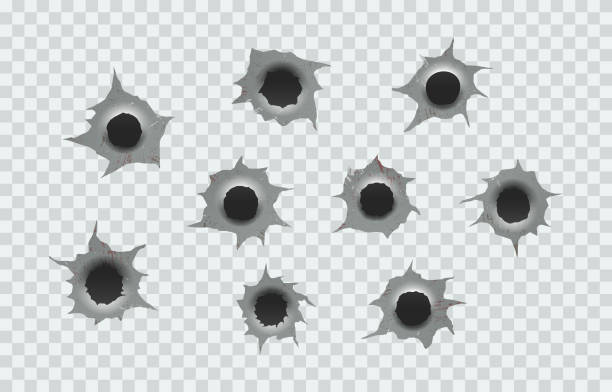 ilustrações de stock, clip art, desenhos animados e ícones de set of bullet holes. ragged hole in metal from bullets. - bullet hole illustrations