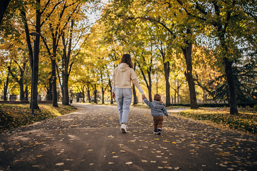 Two people, mother and her little son walking in public park on a beautiful autumn day.