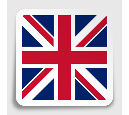 United Kingdom of Great Britain and Northern Ireland flag icon on paper square sticker with shadow. Button for mobile application or web. Vector