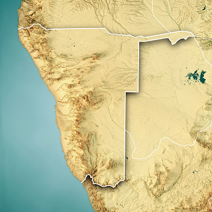 3D Render of a Topographic Map of Namibia. Version with Country Boundaries.\nAll source data is in the public domain.\nColor texture: Made with Natural Earth. \nhttp://www.naturalearthdata.com/downloads/10m-raster-data/10m-cross-blend-hypso/\nRelief texture: SRTM data courtesy of NASA JPL (2020). URL of source image: \nhttps://e4ftl01.cr.usgs.gov//DP133/SRTM/SRTMGL3.003/2000.02.11\nWater texture: SRTM Water Body SWDB:\nhttps://dds.cr.usgs.gov/srtm/version2_1/SWBD/\nBoundaries Level 0: Humanitarian Information Unit HIU, U.S. Department of State (database: LSIB)\nhttp://geonode.state.gov/layers/geonode%3ALSIB7a_Gen