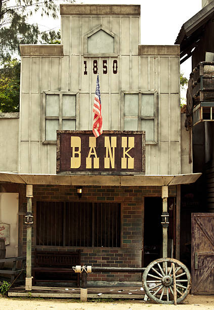 bank in wild west - riverbank stock-fotos und bilder