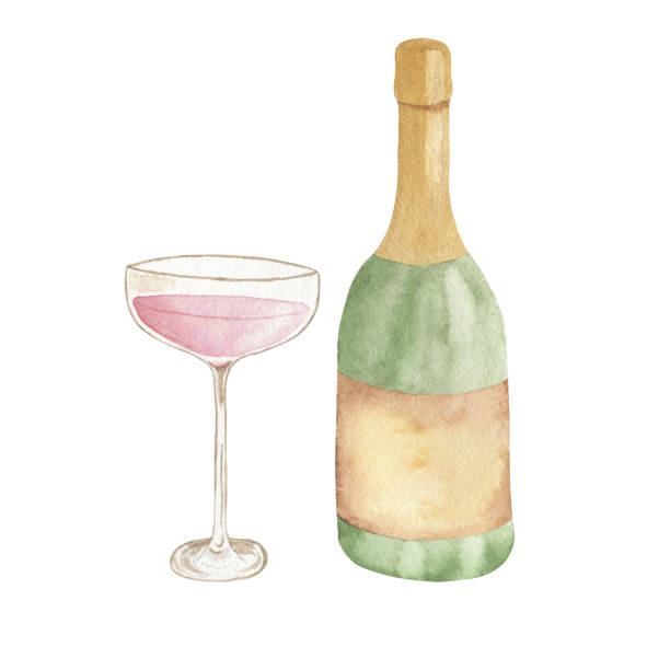 бутылка шампанского и бокал. акварельная иллюстрация. - martini glass wineglass wine bottle glass stock illustrations