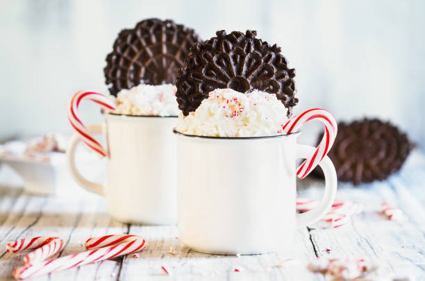 Two cups of hot cocoa with whipped cream, crushed candy canes and Pizzelle cookie wafers Two cups of hot cocoa with whipped cream, crushed candy canes and Pizzelle cookie wafers for Christmas. Extreme selective focus with blurred foreground and background. hot chocolate photos stock pictures, royalty-free photos & images