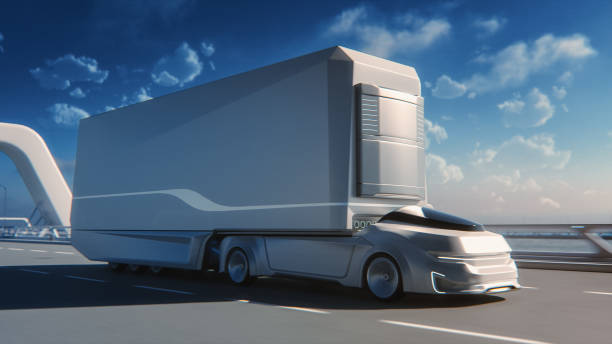 istock Futuristic Technology Concept: Autonomous Self-Driving Truck with Cargo Trailer Drives on the Road with Scanning Sensors. 3D Zero-Emissions Electric Lorry Driving Fast on Scenic Highway Bridge. 1349375112
