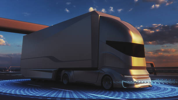 istock Futuristic Technology Concept: Autonomous Self-Driving Lorry Truck with Cargo Trailer Drives on the Road with Scanning Sensors. Special Effects of a Vehicle Analyzing Highway on a Sunset Evening. 1349375149