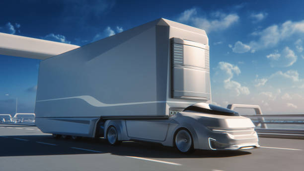 istock Futuristic Technology Concept: Autonomous Self-Driving Truck with Cargo Trailer Drives on the Road with Scanning Sensors. 3D Zero-Emissions Electric Lorry Driving Fast on Scenic Highway Bridge. 1349375150