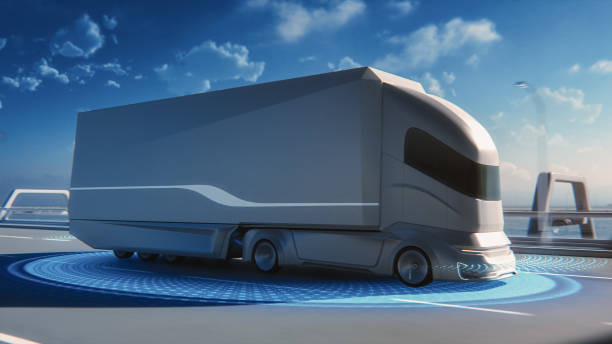istock Futuristic Technology Concept: Autonomous Self-Driving Lorry Truck with Cargo Trailer Drives on the Road with Scanning Sensors. Special Effects of a Zero-Emissions Electric Vehicle Analyzing Freeway. 1349375174