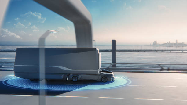 istock Futuristic Technology Concept: Autonomous Self-Driving Lorry Truck with Cargo Trailer Drives on the Road with Scanning Sensors. Special Effects of a Zero-Emissions Electric Vehicle Analyzing Freeway. 1349375181