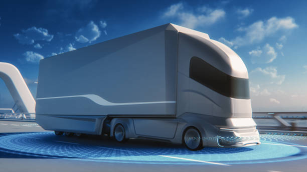 istock Futuristic Technology Concept: Autonomous Self-Driving Lorry Truck with Cargo Trailer Drives on the Road with Scanning Sensors. Special Effects of a Zero-Emissions Electric Vehicle Analyzing Freeway. 1349375198