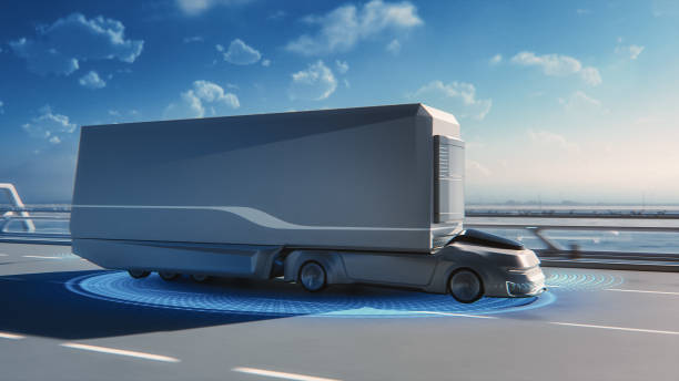 istock Futuristic Technology Concept: Autonomous Self-Driving Lorry Truck with Cargo Trailer Drives on the Road with Scanning Sensors. Special Effects of a Zero-Emissions Electric Vehicle Analyzing Freeway. 1349375205