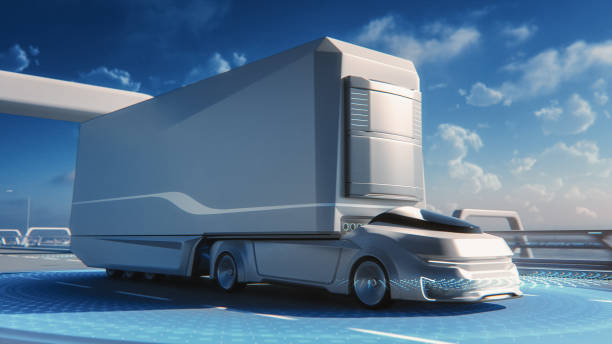 istock Futuristic Technology Concept: Autonomous Self-Driving Lorry Truck with Cargo Trailer Drives on the Road with Scanning Sensors. Special Effects of a Zero-Emissions Electric Vehicle Analyzing Freeway. 1349376156