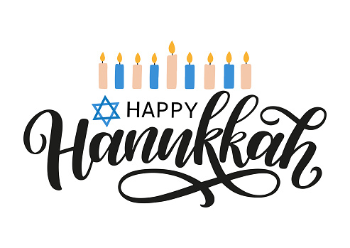 Happy Hanukkah hand sketched lettering. Hanukkah typography poster decorated by menorah candles and star of David. Vector illustration