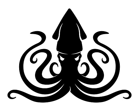 Illustration with black squid on white background.
