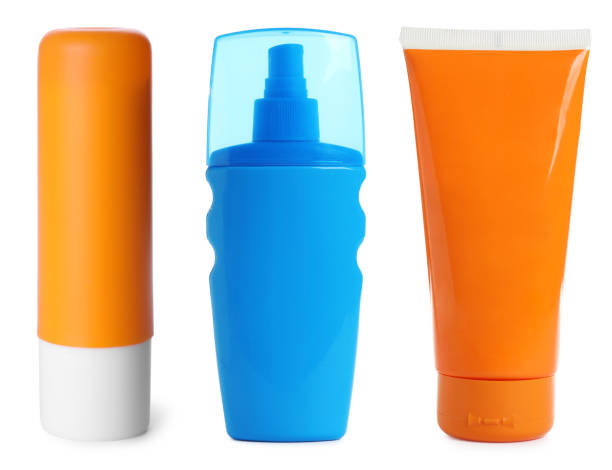 istock Set with sun protection cosmetic products on white background 1349380356