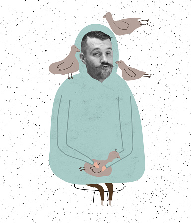 Feeding bird. Contemporary art collage of cute man with drawn body element in mint hoodie sitting with doves. Kindness. Caring. Concept of art, fashion, style, retro. Copy space for ad