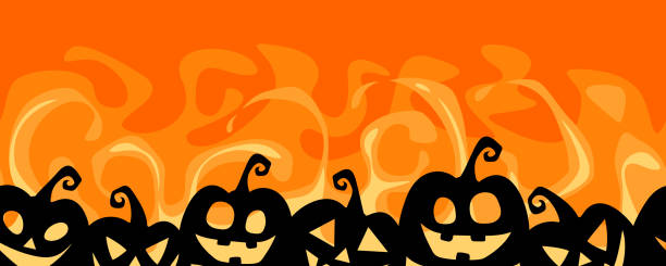 ilustraciones, imágenes clip art, dibujos animados e iconos de stock de borde horizontal sin costuras de halloween con linternas jack-o'-lanterns sobre un fondo de llama roja. ilustración vectorial. - halloween background