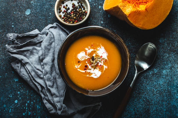 istock Pumpkin cream soup top view 1349381993
