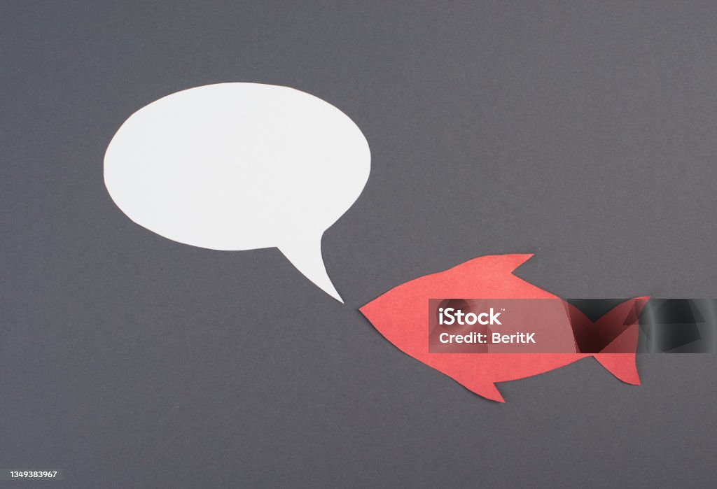 Fish with speech bubble, communication, having a discussion, sending a message, copy space, grey background Expressionism Stock Photo