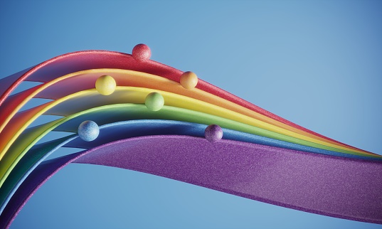 The balls riding on the multicolored wavy ribbons on blue background, can be used in balance, career growth, money improvement, variation etc. concepts. (3d render)