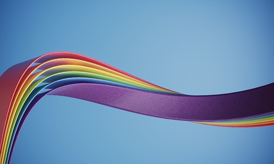 Wavy multi colored ribbons on blue background. (3d render)