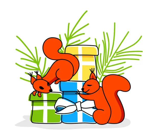 Vector illustration of Squirrels rejoice and look at New Year's gifts. Stylized vector illustration on the New Year theme.