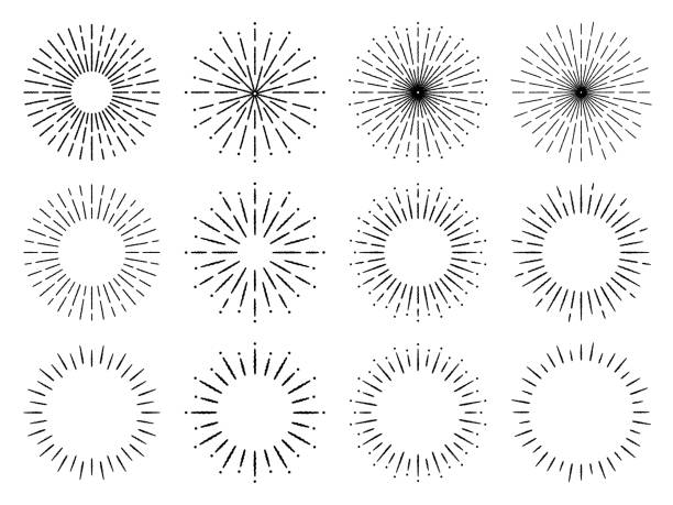 Hand drawn style line illustration set of radial circular light A set of hand drawn style line drawing illustration icons and frames of radial circular lights halo stock illustrations