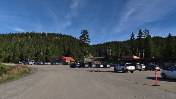 los autos se estacionan en el estacionamiento en el parque provincial mount seymour cerca de mount seymour resort en temporada de otoño en un día soleado con el bosque de fondo. - mt seymour provincial park fotografías e imágenes de stock