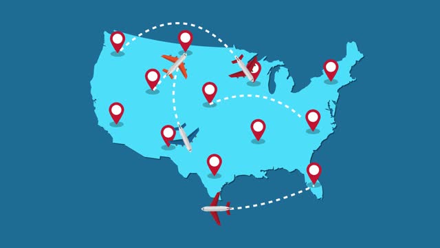 Planes routes flying over United States map, tourism and travel concept, Graphic animation