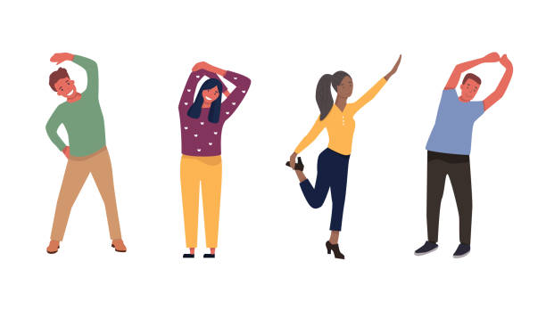 ilustrações de stock, clip art, desenhos animados e ícones de stretching at the workplace of office workers. a set of vector illustrations of men and women doing exercises during a work break. - esticar