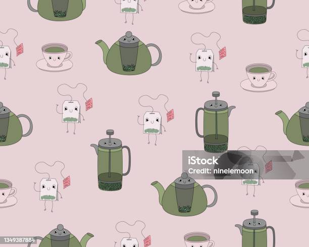 Cute Tea Patterns Seamless Pattern With Cute Tea Attributes In Pastel Colors Vector ...