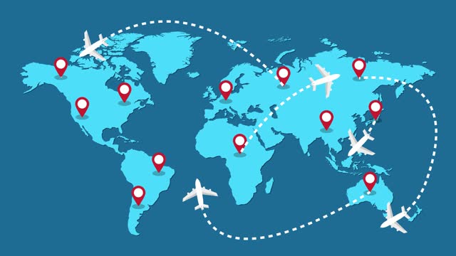 Planes routes flying over world map, tourism and travel concept, Graphic animation