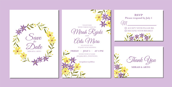 Beautiful purple and yellow floral watercolor as wedding invitation template.