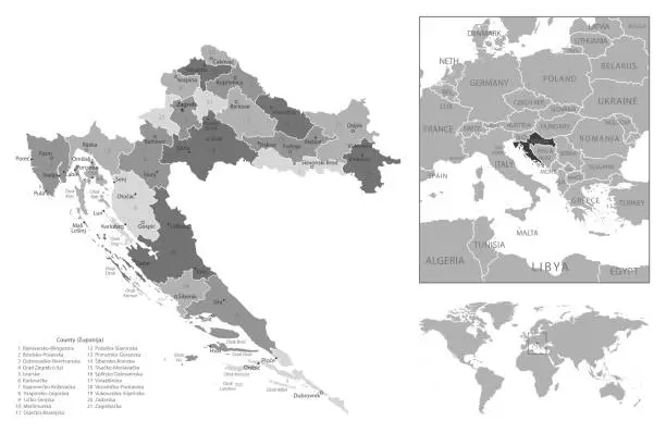 Vector illustration of Croatia - highly detailed black and white map.
