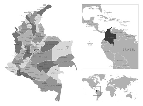 Colombia - highly detailed black and white map.